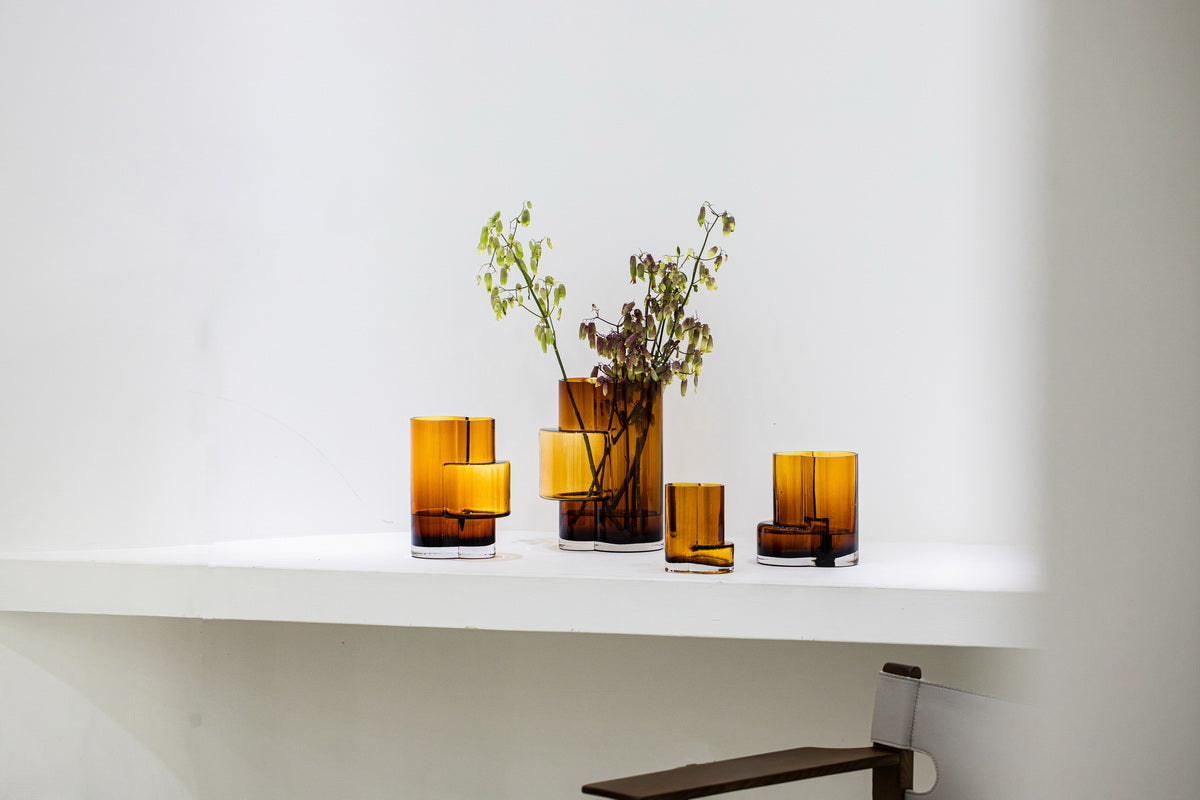 Glass vase of top innovative design with constructivist touch, FUSIO 20 AMber