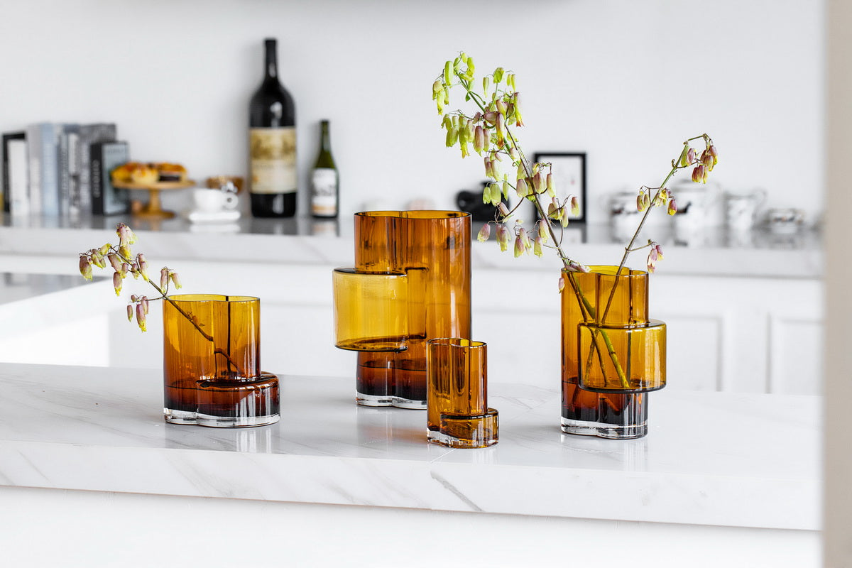 Glass vase of top innovative design with constructivist touch, FUSIO 20 AMber