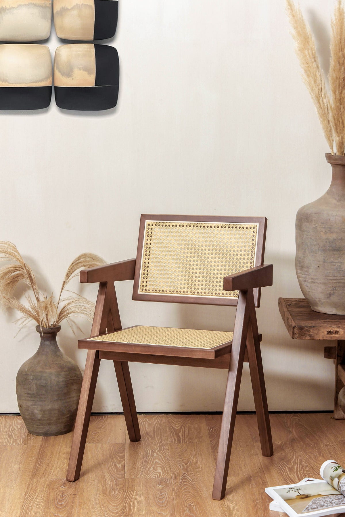 chair Pierre Jeanneret oak + real rattan, high quality, col walnut