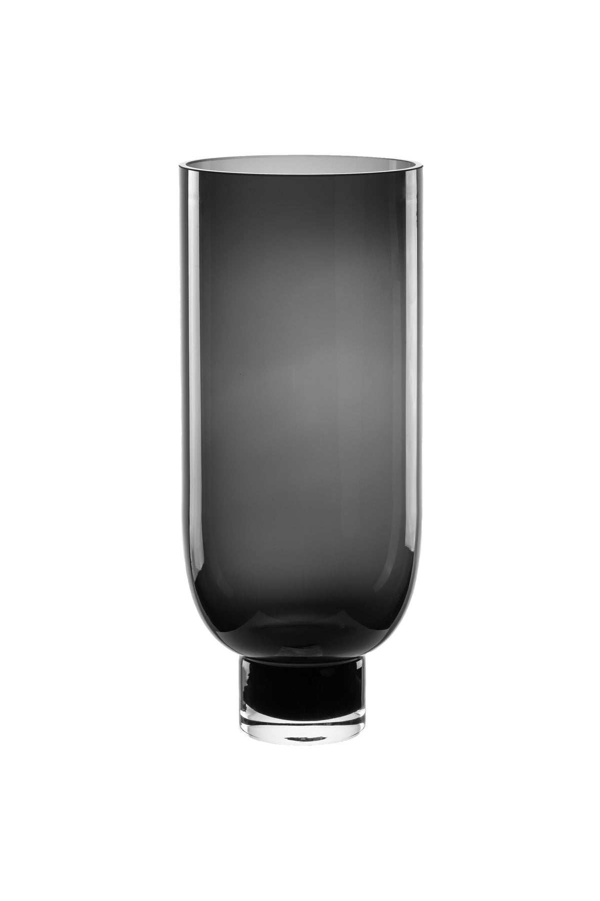 Sober modern tall glass vase, cylindrical shape on a solid base, dark grey, OMAHA18GR